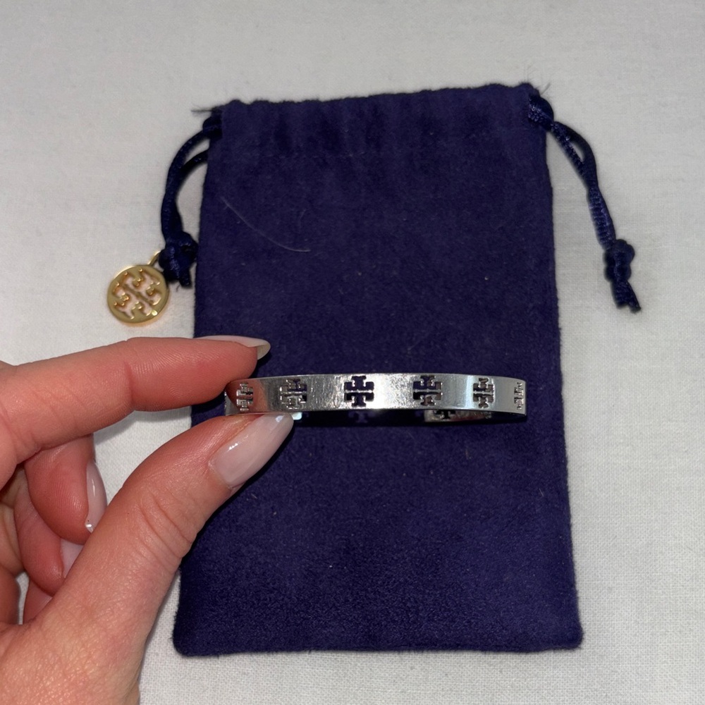 Authentic Tory Burch Cuff Silver Bracelet with Logo Design